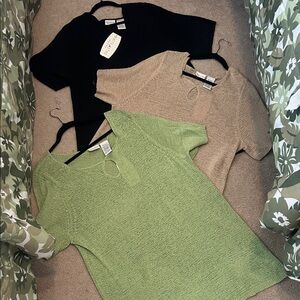 Set of Three Knit Tops in Black, Beige, and Green